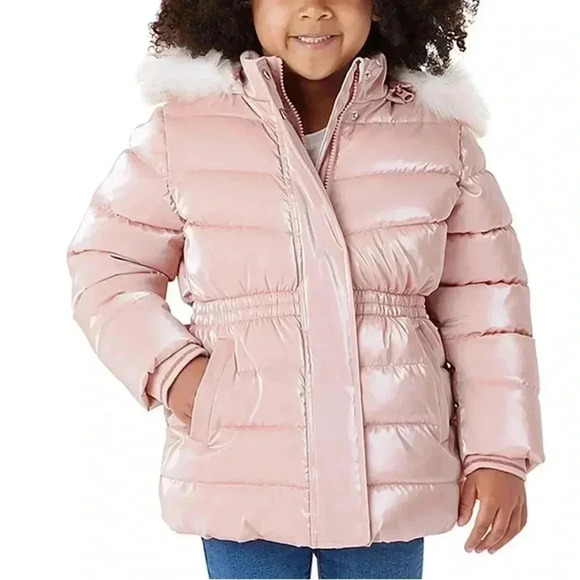 New Members Mark Toddler Sz. 4T Puffer Jacket Pink Removable Faux Fur Hood NWT - Picture 2 of 12